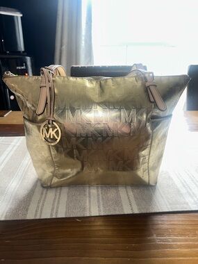 Michael Kors Gold MK Monogram Tote with Charm